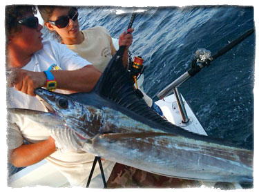 Guests catching a sailfish on board No Vacansea Fishing Charters